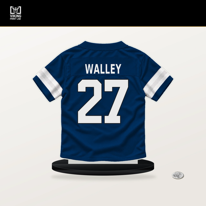 Justin Walley number 27 Indianapolis Colts jersey stand with included black base.