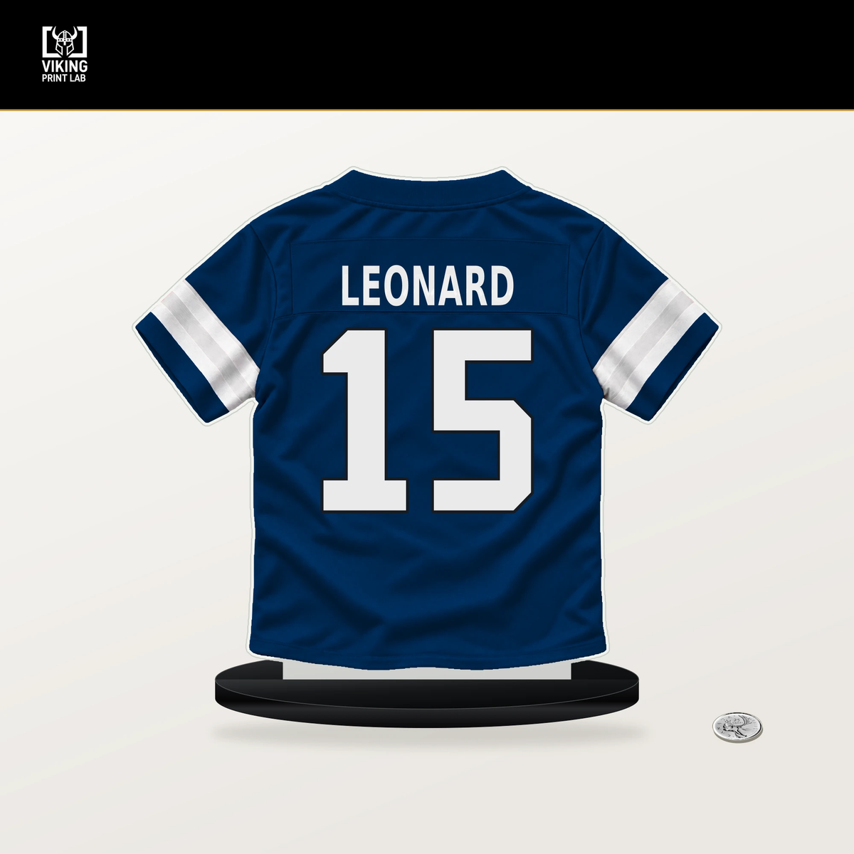 Riley Leonard number 15 Indianapolis Colts jersey stand with included black base.