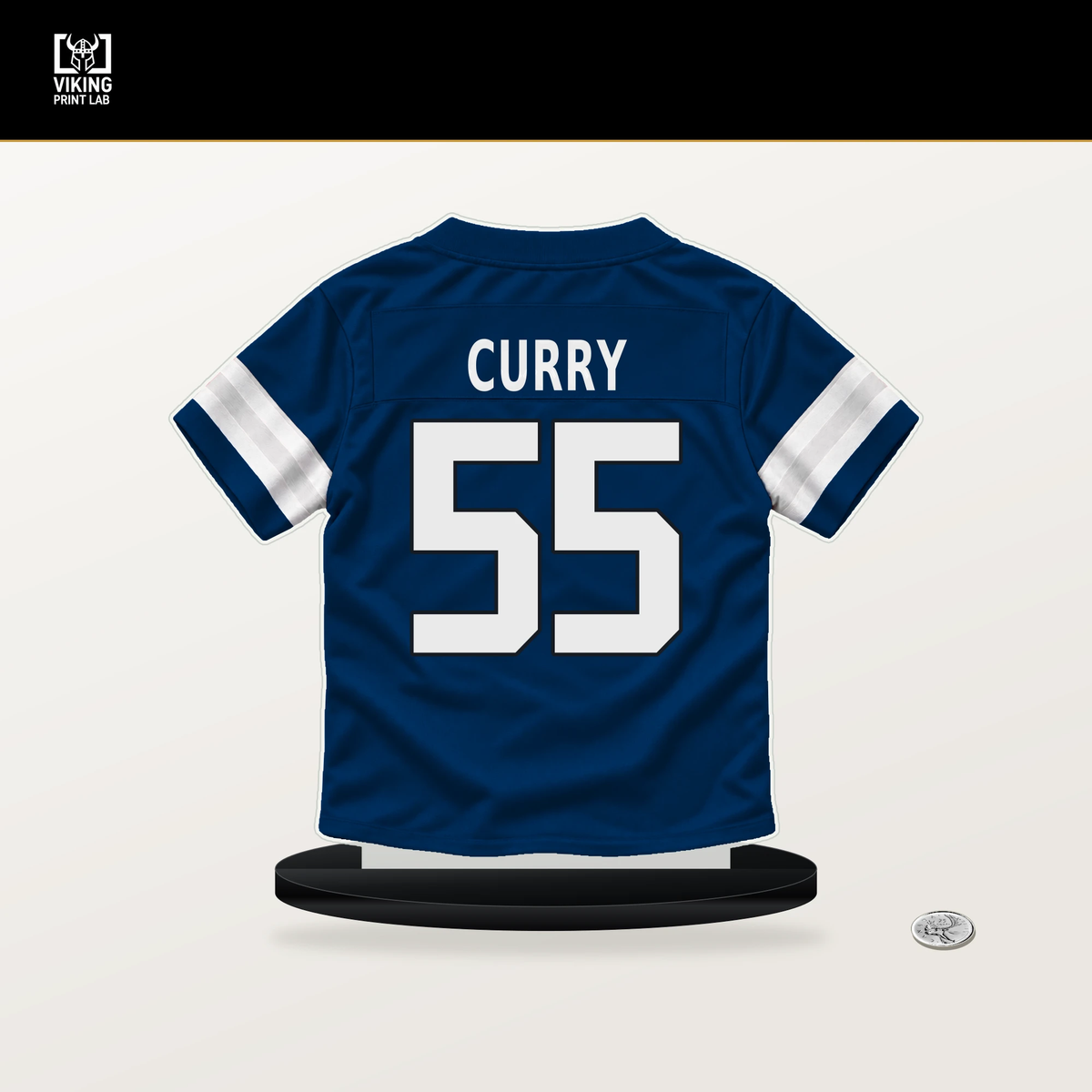 Caden Curry number 55 Indianapolis Colts jersey stand with included black base.