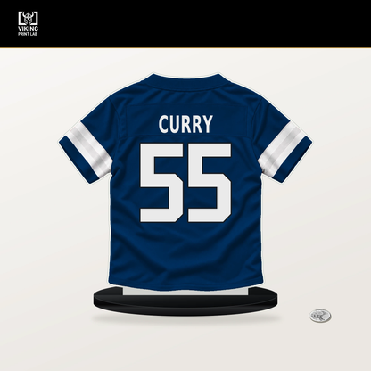 Caden Curry number 55 Indianapolis Colts jersey stand with included black base.