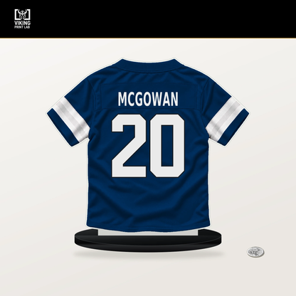 Seth McGowan number 20 Indianapolis Colts jersey stand with included black base.