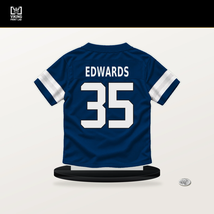 Johnathan Edwards number 35 Indianapolis Colts jersey stand with included black base.