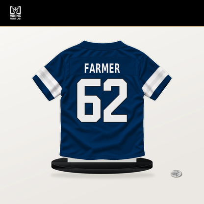 Jalen Farmer number 62 Indianapolis Colts jersey stand with included black base.