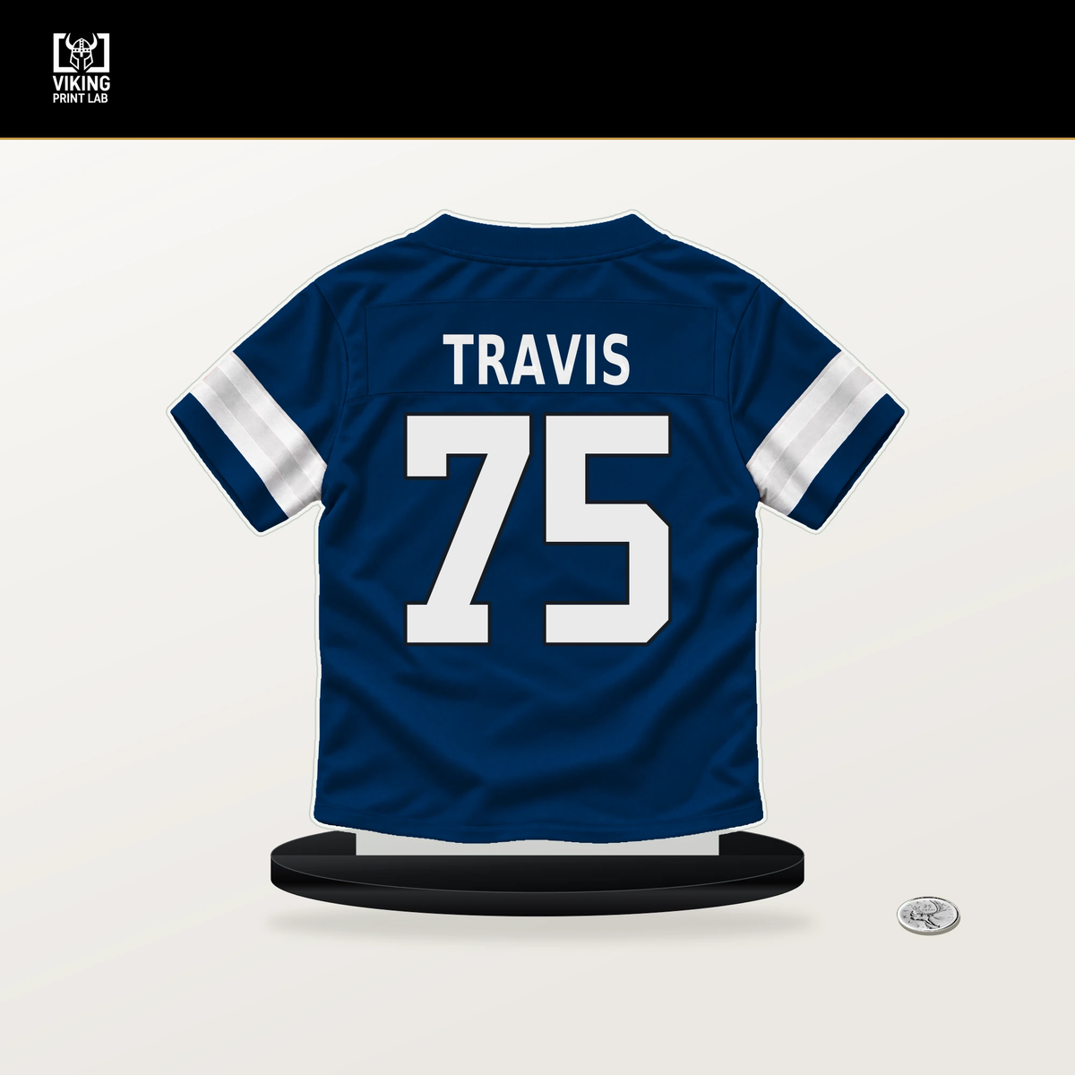 Jalen Travis number 75 Indianapolis Colts jersey stand with included black base.