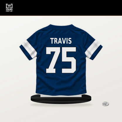 Jalen Travis number 75 Indianapolis Colts jersey stand with included black base.