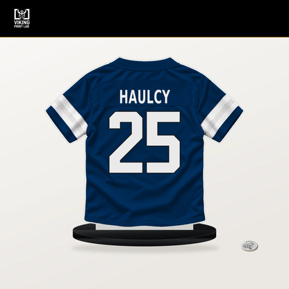 A.J. Haulcy number 25 Indianapolis Colts jersey stand with included black base.