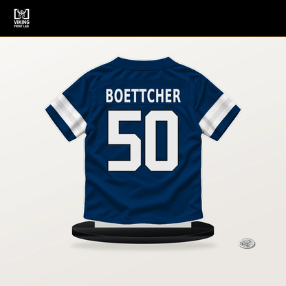 Bryce Boettcher number 50 Indianapolis Colts jersey stand with included black base.