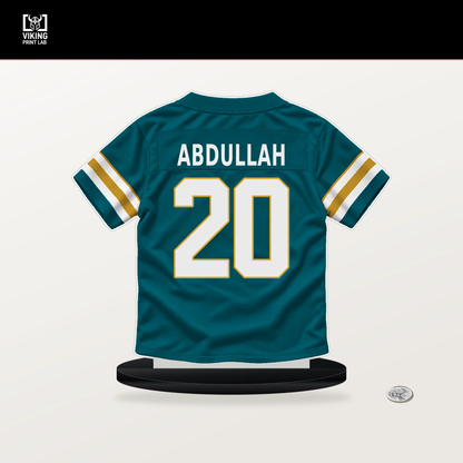 Ameer Abdullah number 20 Jacksonville Jaguars jersey stand with included black base.