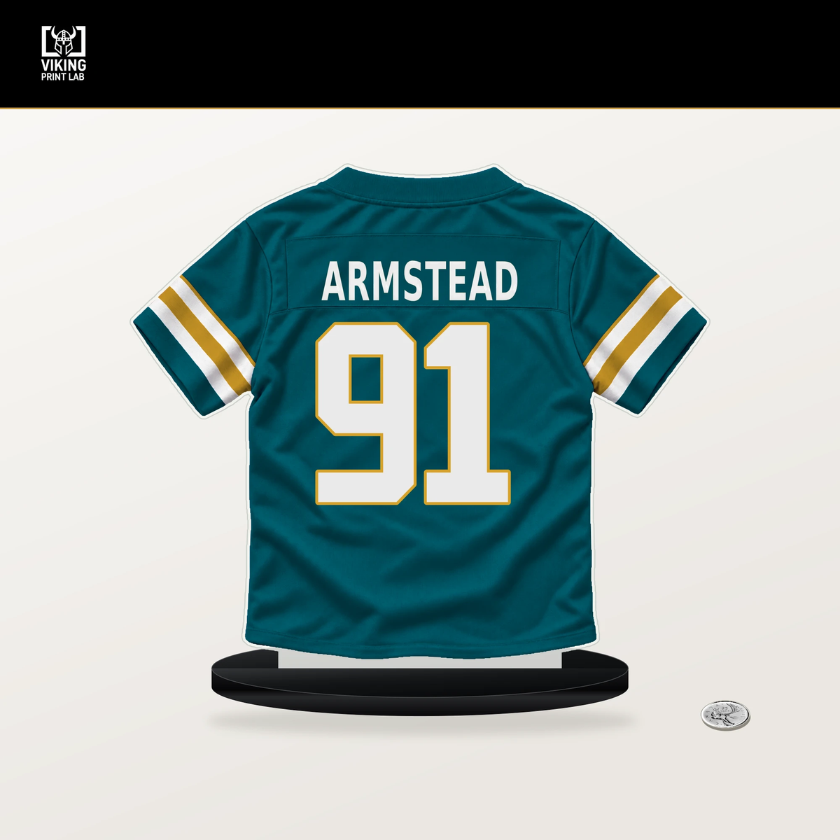 Arik Armstead number 91 Jacksonville Jaguars jersey stand with included black base.