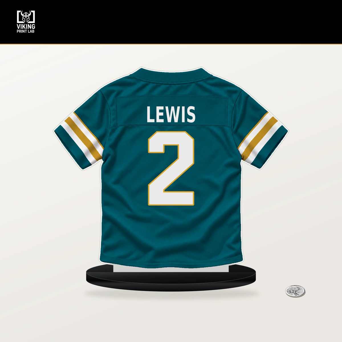 Jourdan Lewis number 2 Jacksonville Jaguars jersey stand with included black base.
