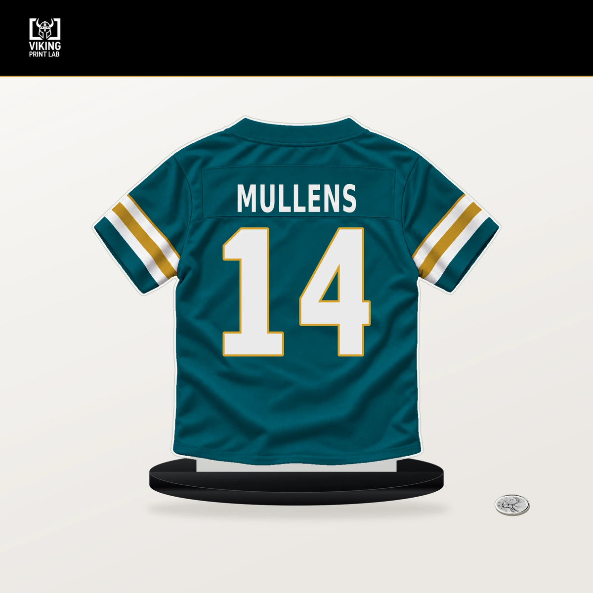 Nick Mullens number 14 Jacksonville Jaguars jersey stand with included black base.