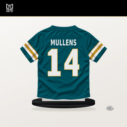 Nick Mullens number 14 Jacksonville Jaguars jersey stand with included black base.