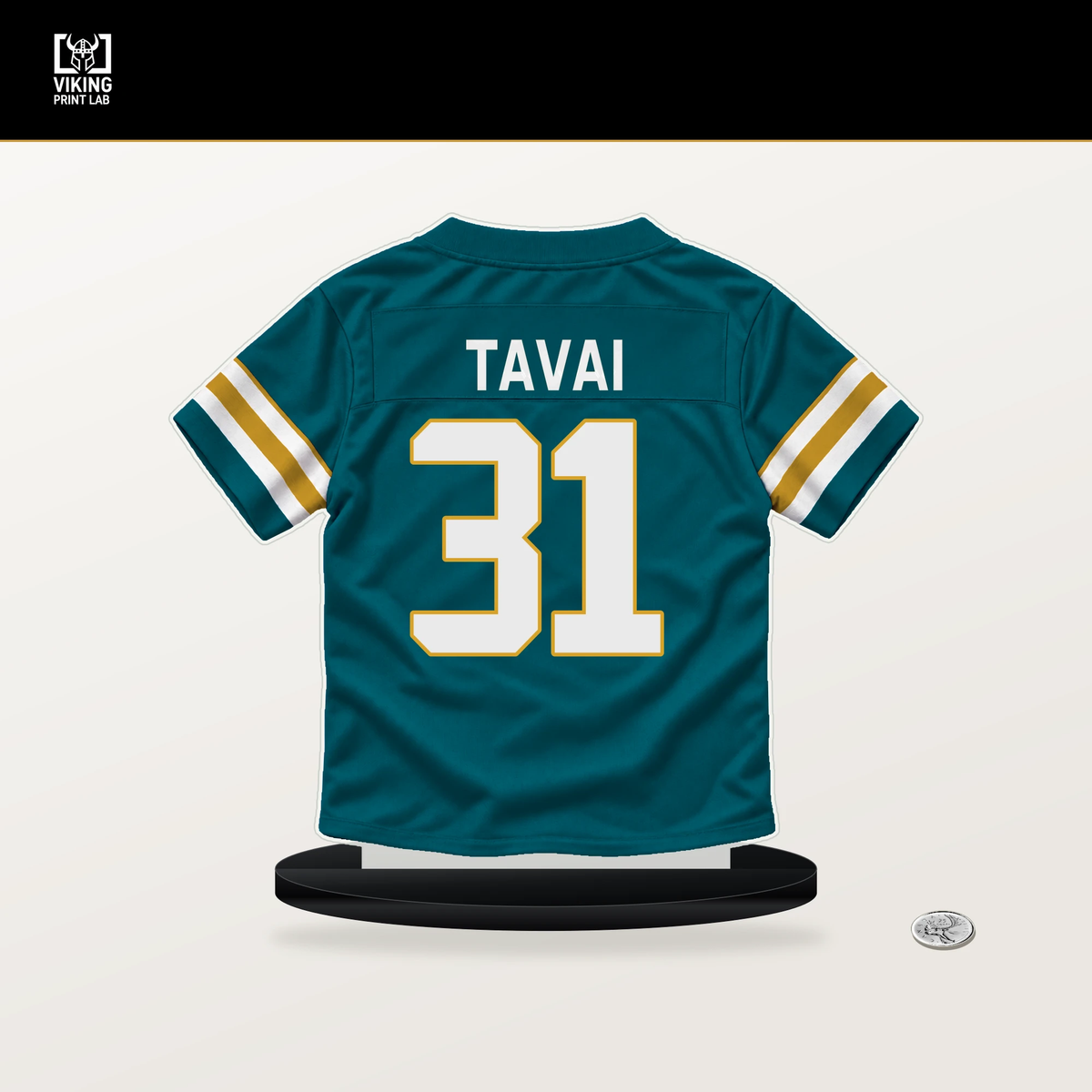 Jahlani Tavai number 31 Jacksonville Jaguars jersey stand with included black base.