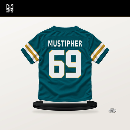 Sam Mustipher number 69 Jacksonville Jaguars jersey stand with included black base.