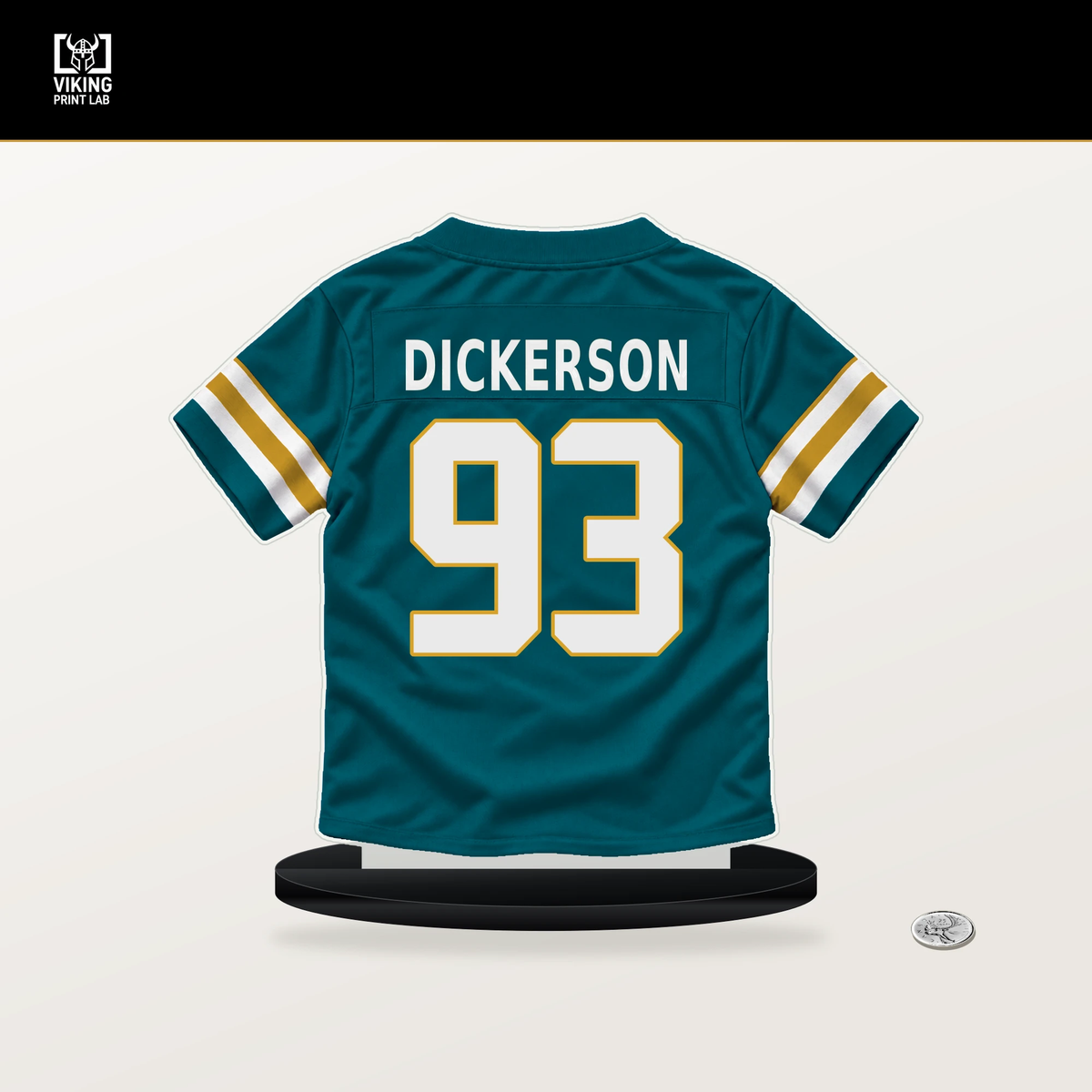 Matt Dickerson number 93 Jacksonville Jaguars jersey stand with included black base.