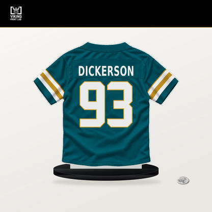 Matt Dickerson number 93 Jacksonville Jaguars jersey stand with included black base.