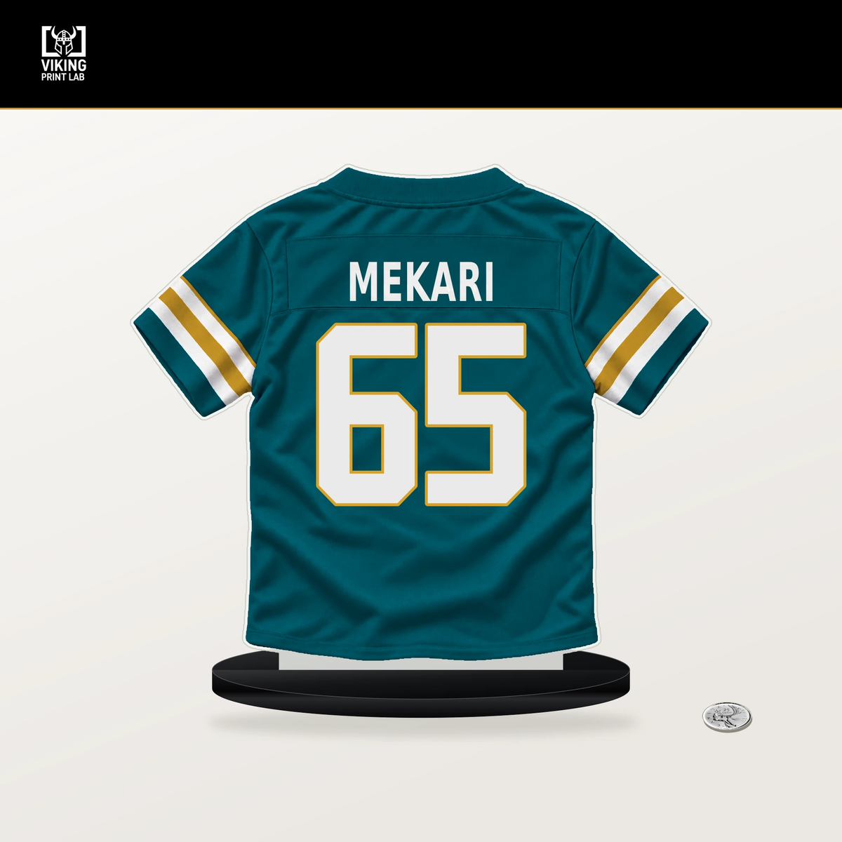 Patrick Mekari number 65 Jacksonville Jaguars jersey stand with included black base.