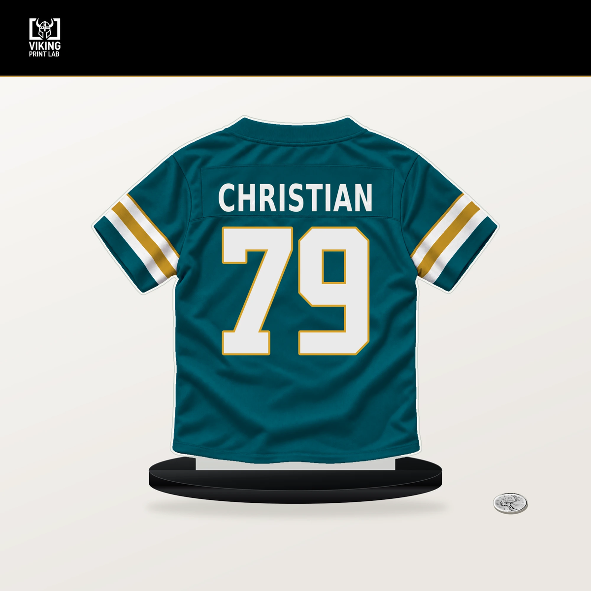 Geron Christian number 79 Jacksonville Jaguars jersey stand with included black base.