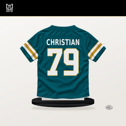 Geron Christian number 79 Jacksonville Jaguars jersey stand with included black base.