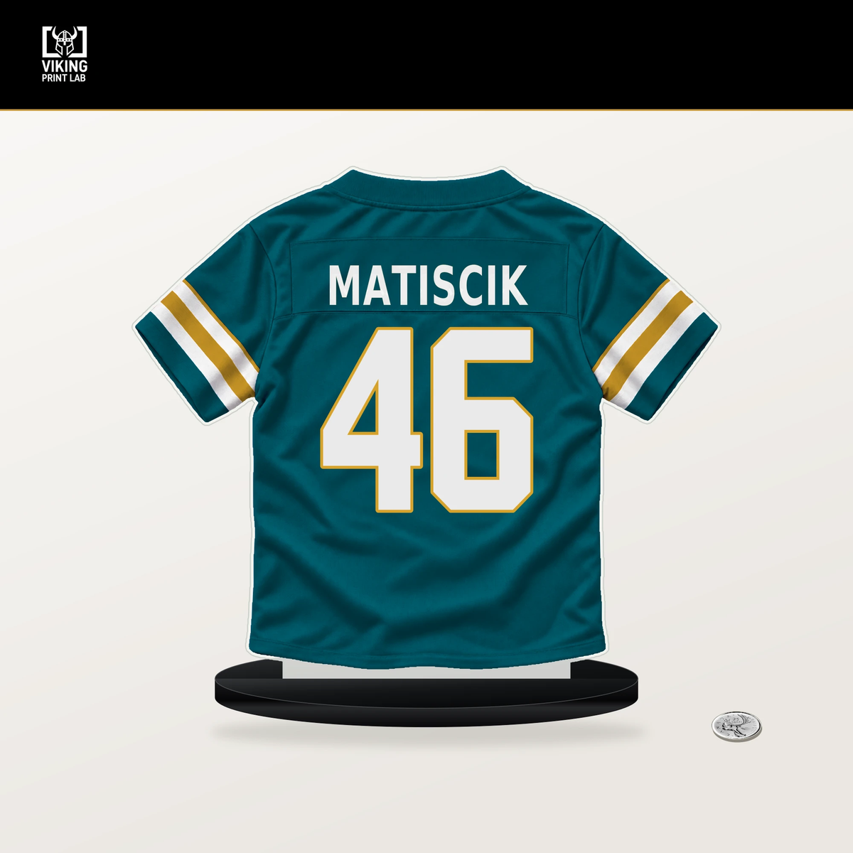 Ross Matiscik number 46 Jacksonville Jaguars jersey stand with included black base.