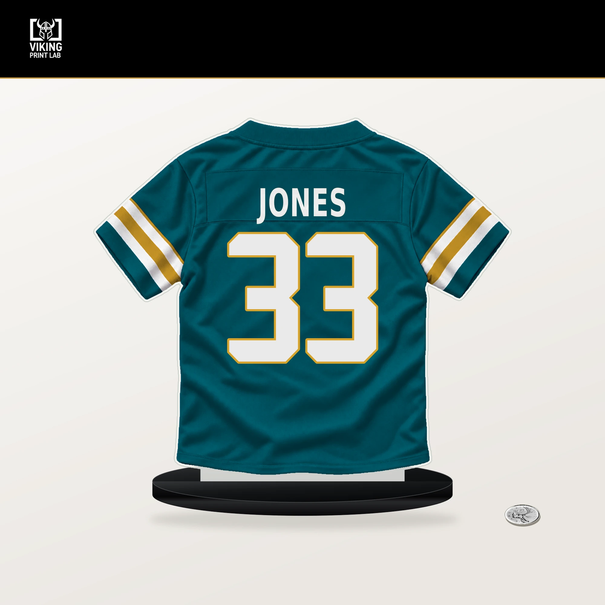 Jaylon Jones number 33 Jacksonville Jaguars jersey stand with included black base.