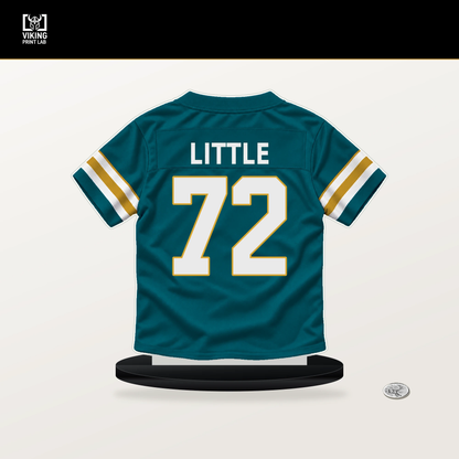 Walker Little number 72 Jacksonville Jaguars jersey stand with included black base.