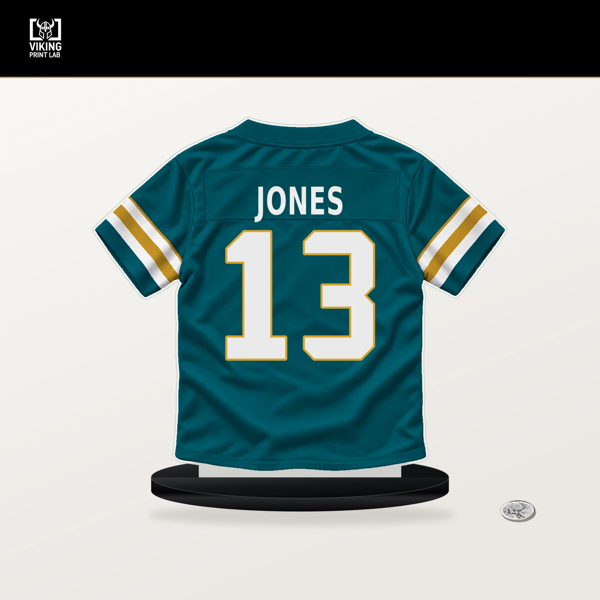 Tim Jones number 13 Jacksonville Jaguars jersey stand with included black base.