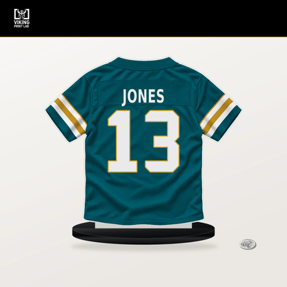 Tim Jones number 13 Jacksonville Jaguars jersey stand with included black base.
