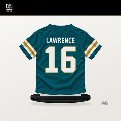 Trevor Lawrence number 16 Jacksonville Jaguars jersey stand with included black base.