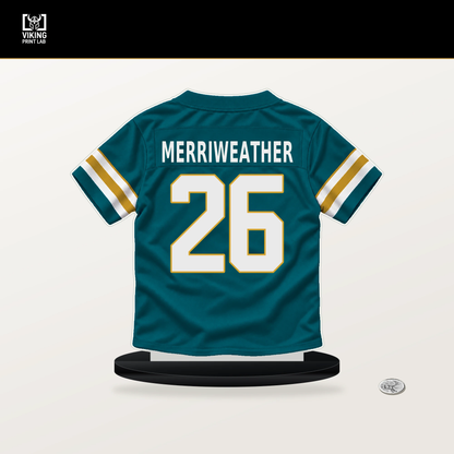 Kaevon Merriweather number 26 Jacksonville Jaguars jersey stand with included black base.
