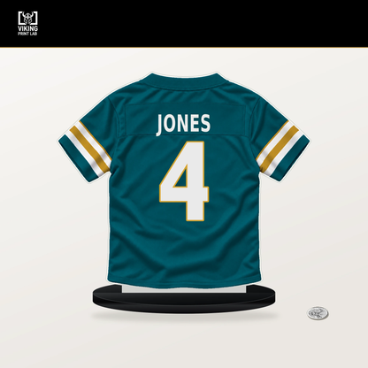 Jarrian Jones number 4 Jacksonville Jaguars jersey stand with included black base.