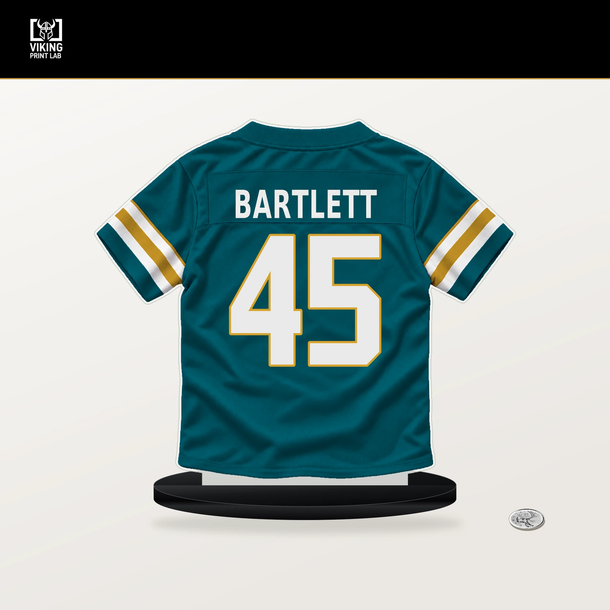Jared Bartlett number 45 Jacksonville Jaguars jersey stand with included black base.
