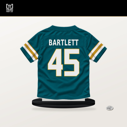 Jared Bartlett number 45 Jacksonville Jaguars jersey stand with included black base.
