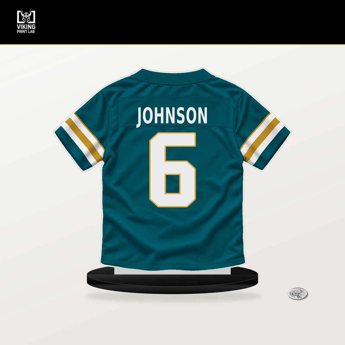 Antonio Johnson number 6 Jacksonville Jaguars jersey stand with included black base.