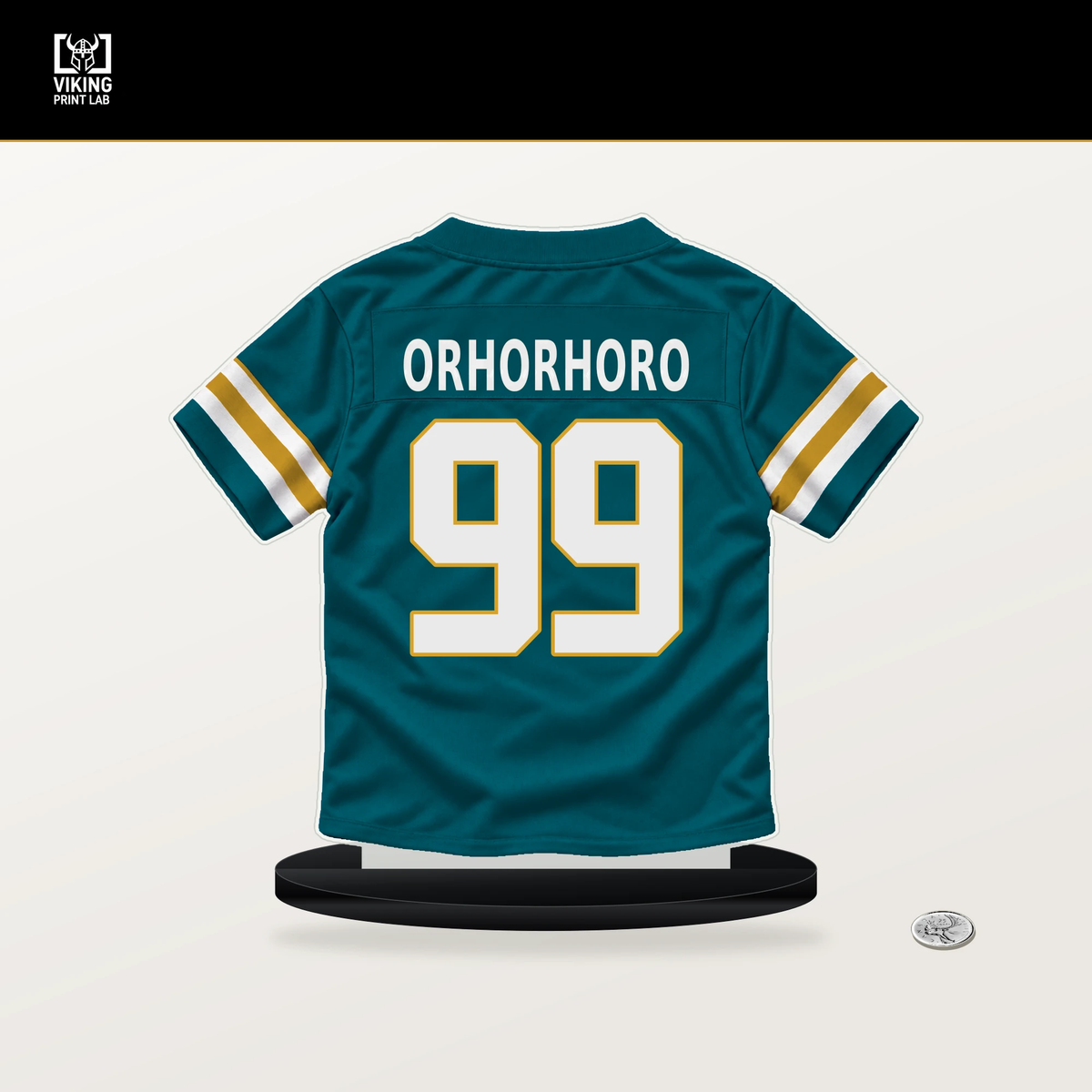 Ruke Orhorhoro number 99 Jacksonville Jaguars jersey stand with included black base.