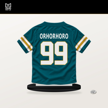 Ruke Orhorhoro number 99 Jacksonville Jaguars jersey stand with included black base.