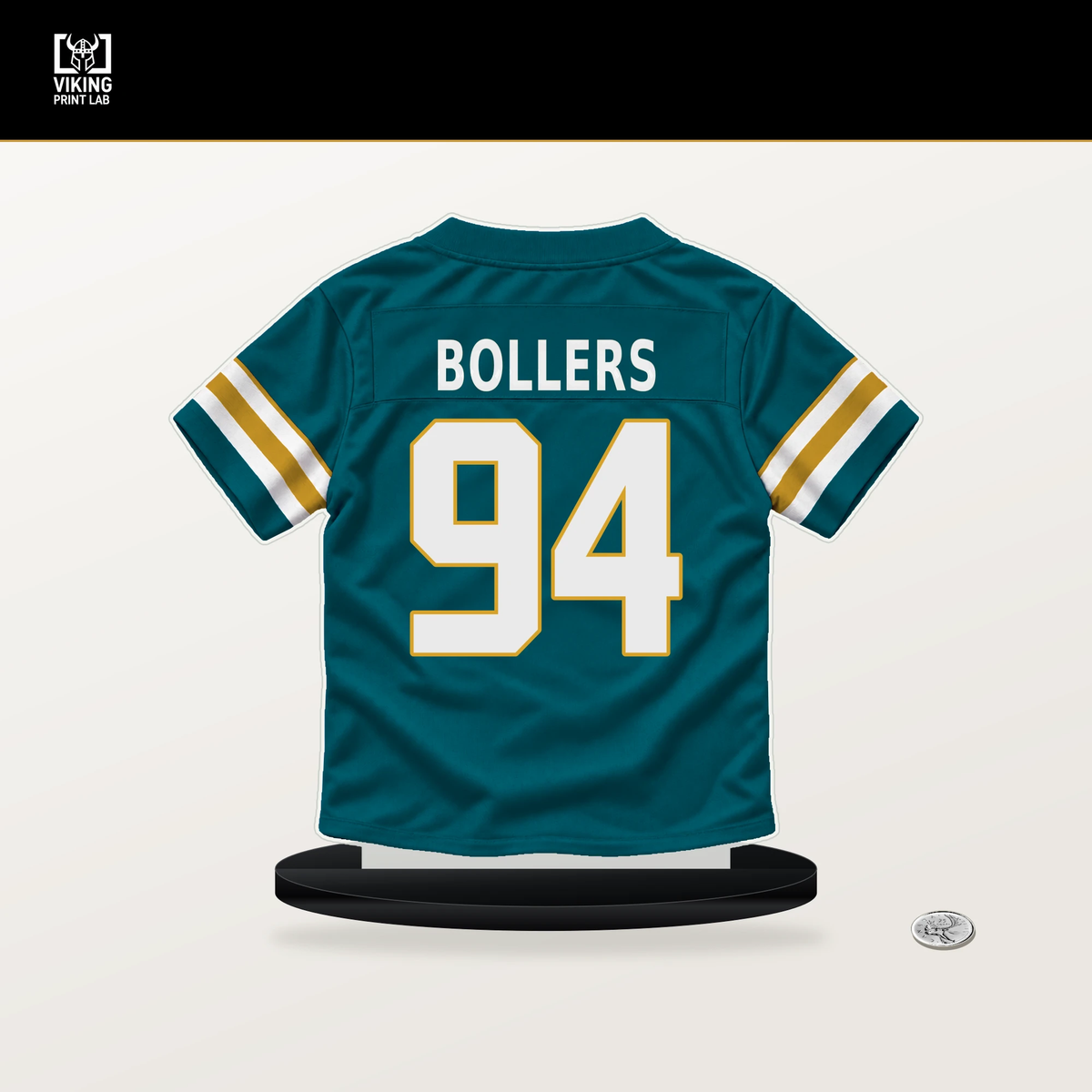T.J. Bollers number 94 Jacksonville Jaguars jersey stand with included black base.