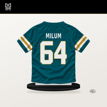 Wyatt Milum number 64 Jacksonville Jaguars jersey stand with included black base.