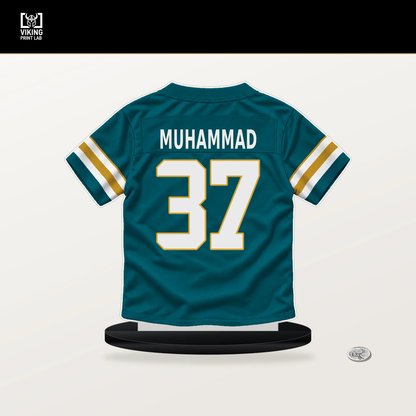 Jabbar Muhammad number 37 Jacksonville Jaguars jersey stand with included black base.