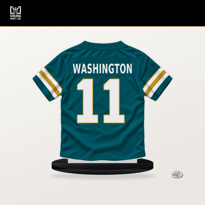 Parker Washington number 11 Jacksonville Jaguars jersey stand with included black base.