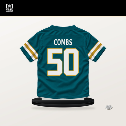 Branson Combs number 50 Jacksonville Jaguars jersey stand with included black base.