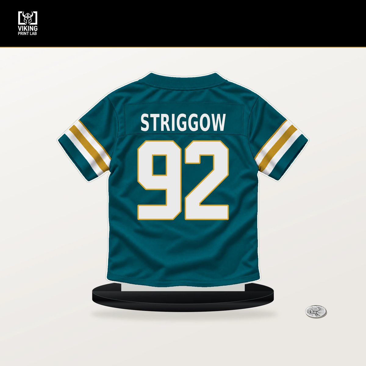 Danny Striggow number 92 Jacksonville Jaguars jersey stand with included black base.