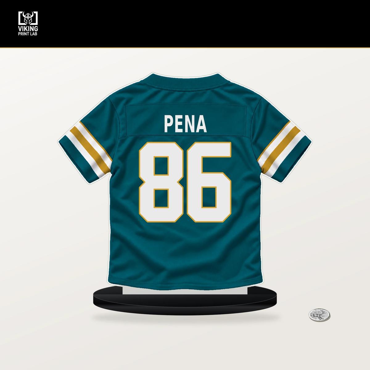 Trebor Pena number 86 Jacksonville Jaguars jersey stand with included black base.