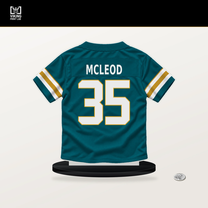 Jalen McLeod number 35 Jacksonville Jaguars jersey stand with included black base.