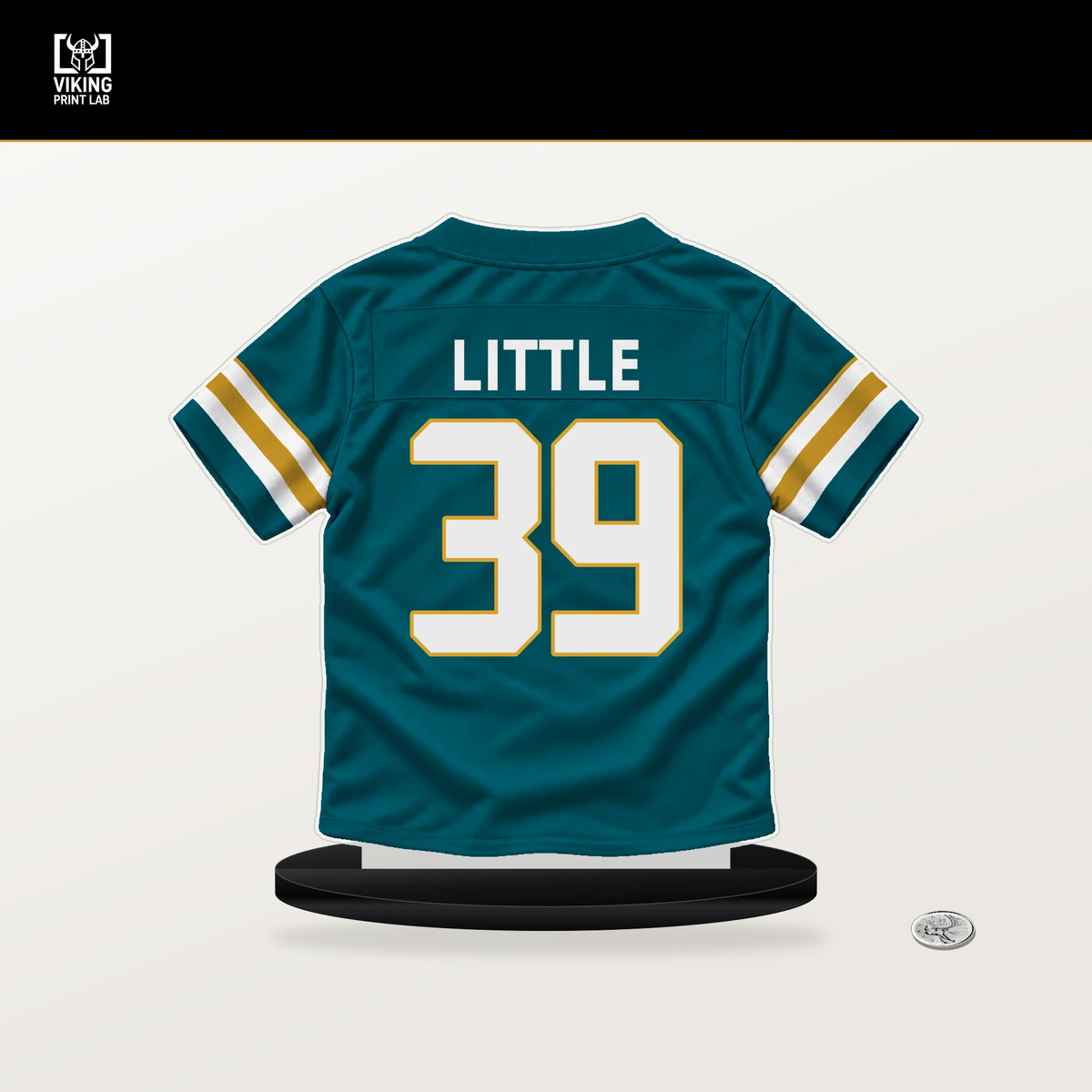 Cam Little number 39 Jacksonville Jaguars jersey stand with included black base.