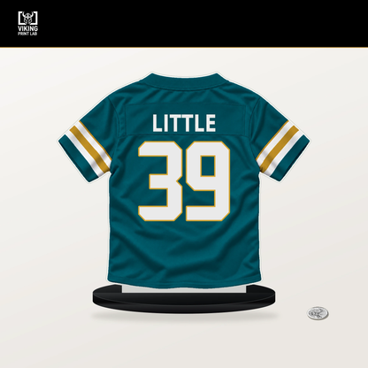 Cam Little number 39 Jacksonville Jaguars jersey stand with included black base.