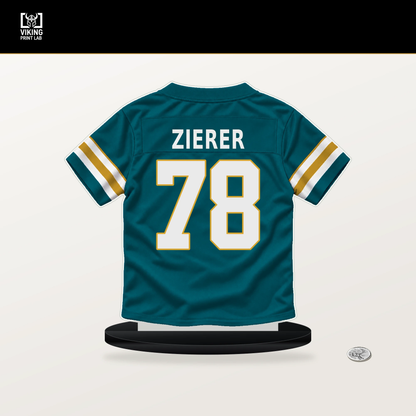 Kilian Zierer number 78 Jacksonville Jaguars jersey stand with included black base.