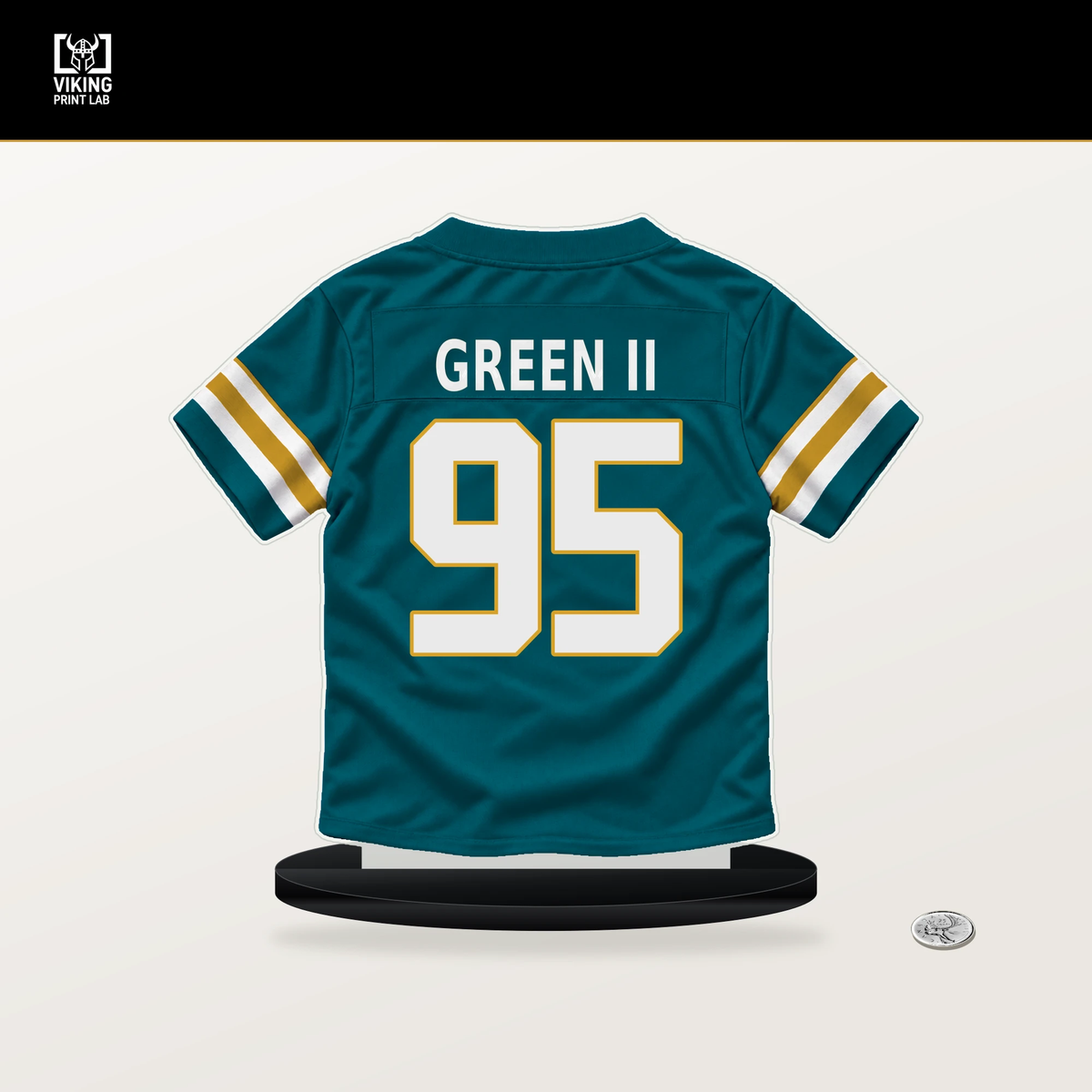 B.J. Green II number 95 Jacksonville Jaguars jersey stand with included black base.