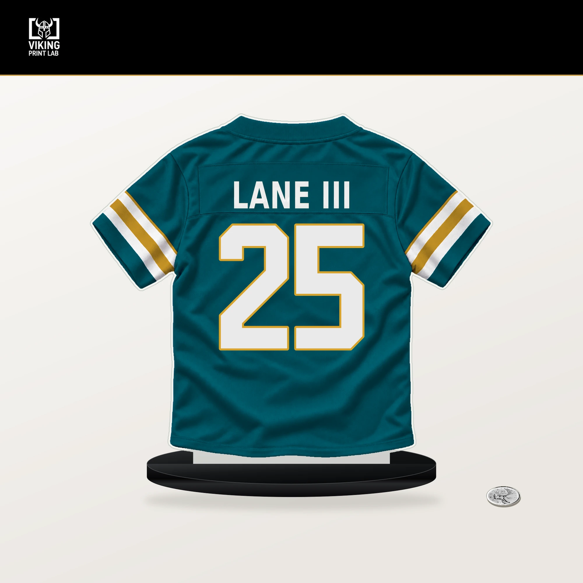 Rayuan Lane III number 25 Jacksonville Jaguars jersey stand with included black base.