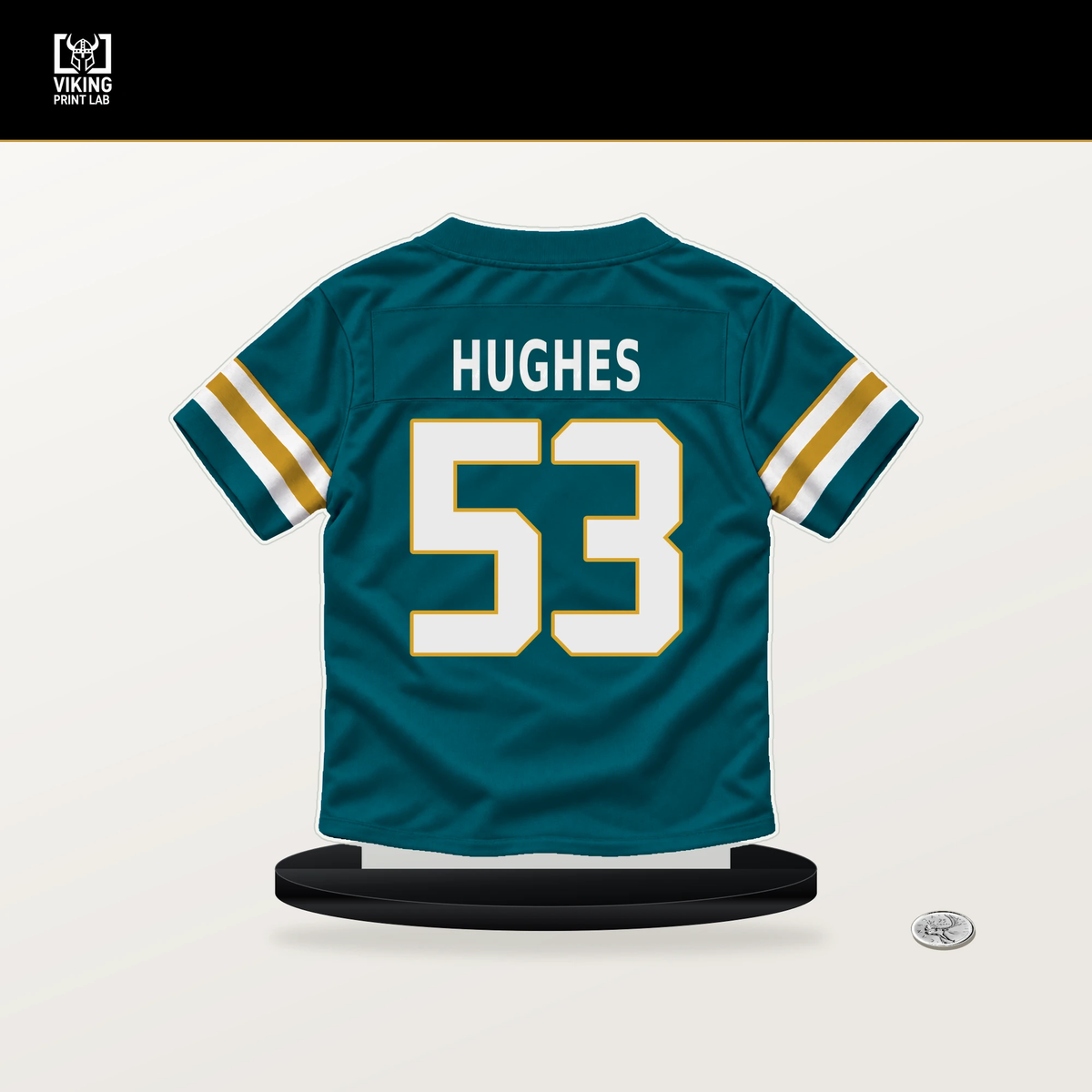 Parker Hughes number 53 Jacksonville Jaguars jersey stand with included black base.